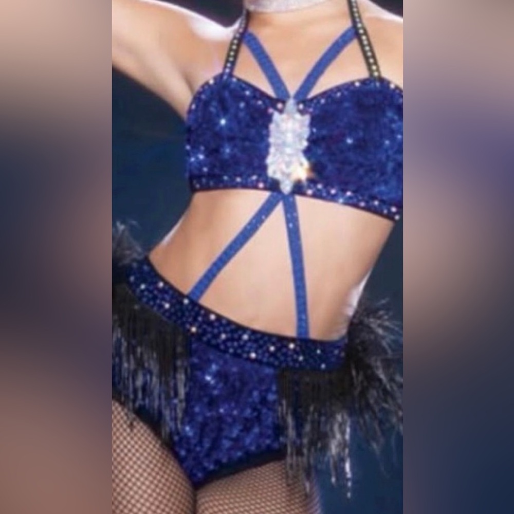 Glamour Blue Sequin Dance Attached 2-piece with Strappy Detail - Size M